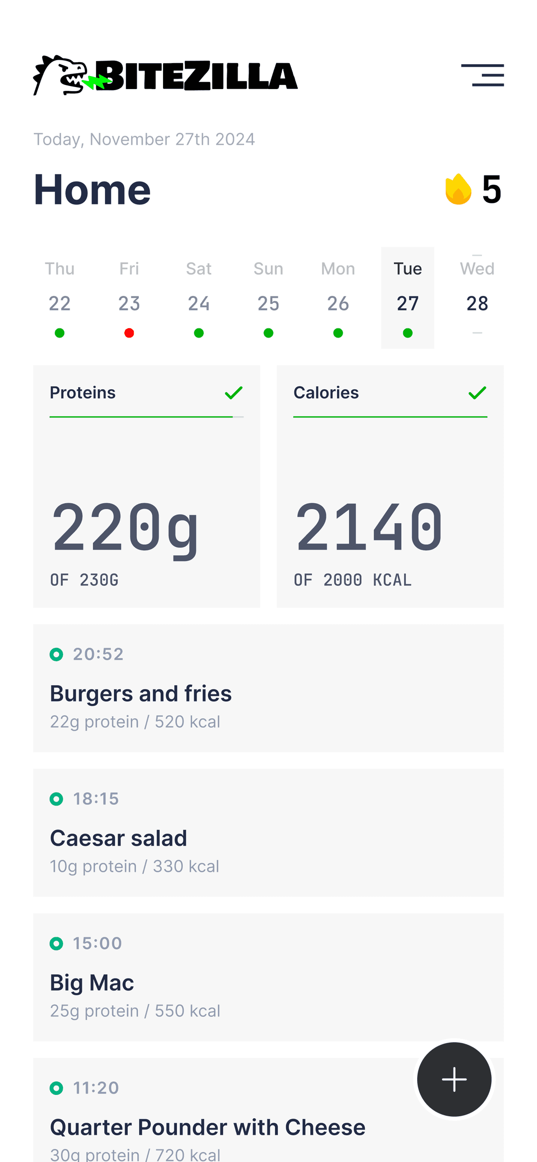 BiteZilla app screenshot showing nutrition tracking